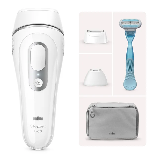 Braun Silk-expert Pro 3 IPL-Haarentfernungsgerät mit Präzisionsaufsätzen, Rasierer und Beutel.