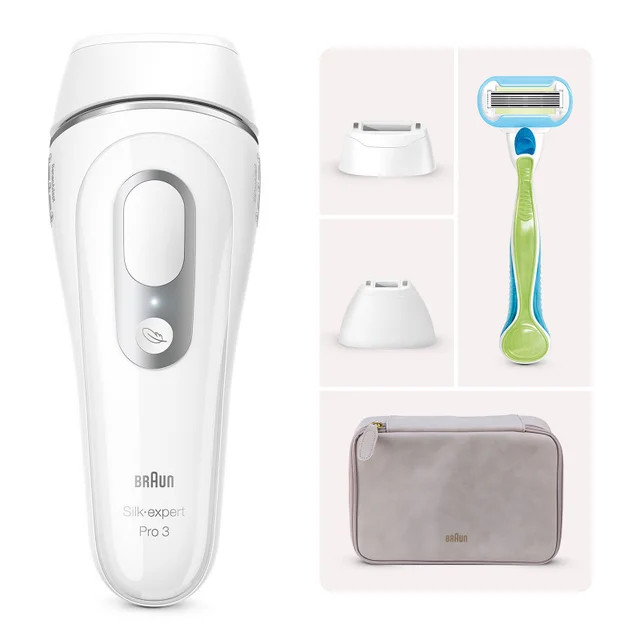 Braun Silk-expert Pro 3 mit Präzisionsaufsätzen, Venus Rasierer und Tasche.