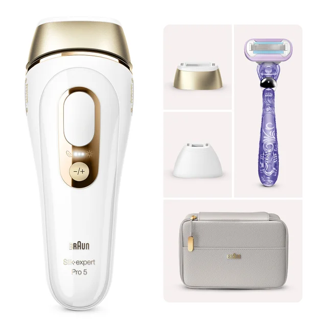 Braun Silk-expert Pro 5 IPL-Gerät mit Aufsätzen, Venus Rasierer und Reisetasche.