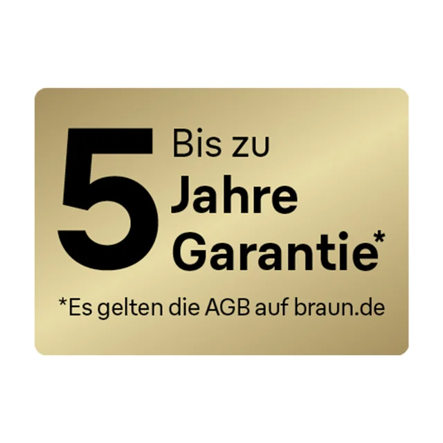 Braun Garantie-Badge: Bis zu 5 Jahre Garantie wird hervorgehoben.
