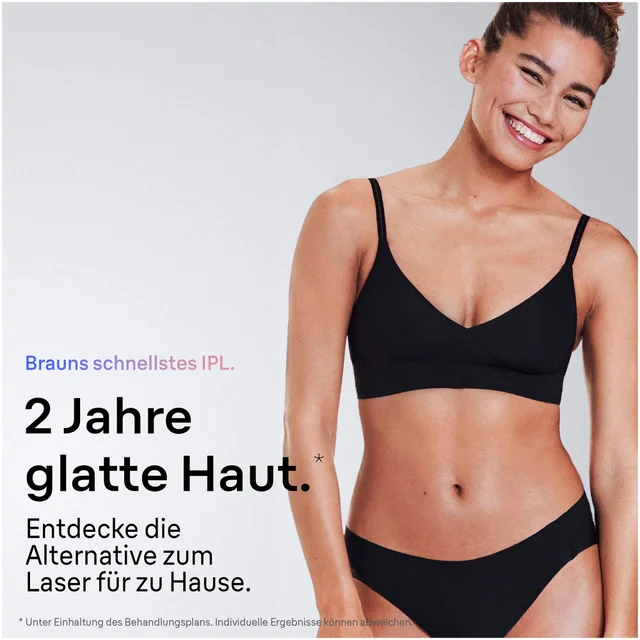 Frau zeigt glatte Haut, bewirbt Brauns IPL für 2 Jahre glatte Haut und Laser-Alternative für zu Hause.