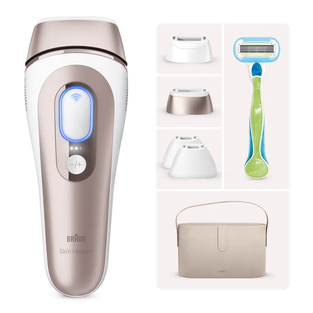 Braun IPL Skin i-expert mit verschiedenen Aufsätzen, Rasierer und Aufbewahrungstasche.