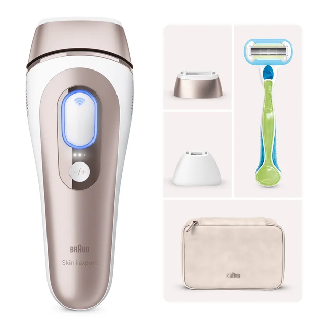Braun IPL Skin i-expert Gerät mit Präzisionsaufsätzen, Rasierer und Aufbewahrungstasche.
