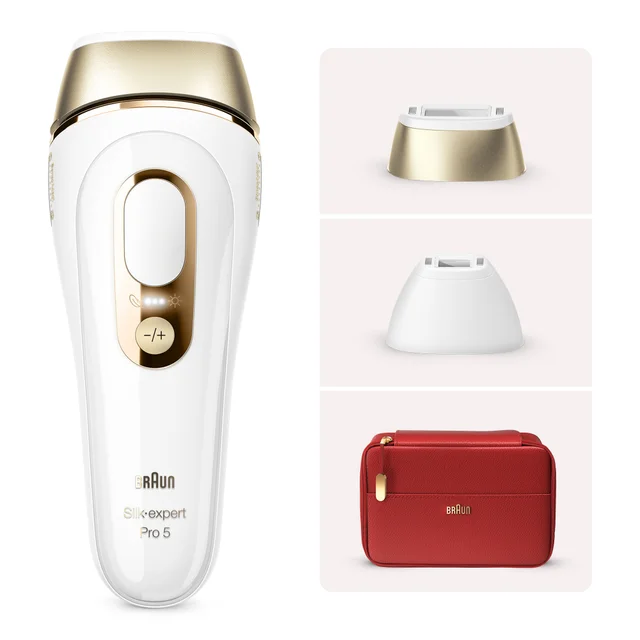 Braun Silk-expert Pro 5 IPL-Gerät mit 2 Präzisionsköpfen und rotem Reiseetui.