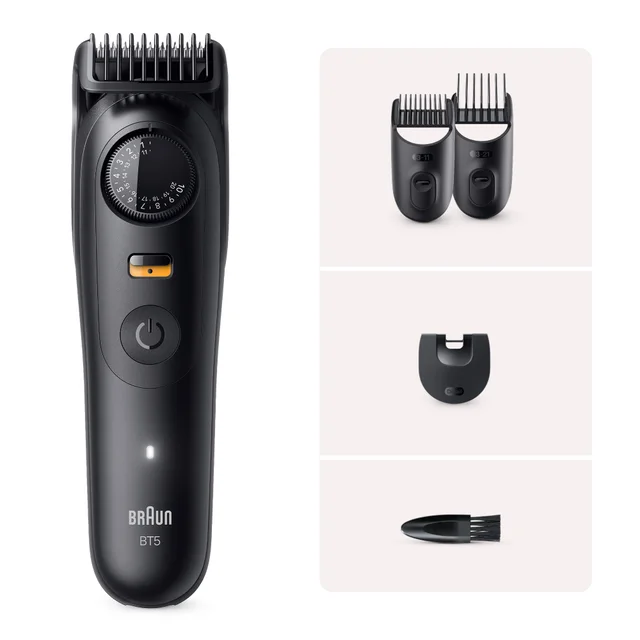 Braun BT5 Bartschneider mit Kammaufsätzen, Detailtrimmer und Reinigungsbürste.