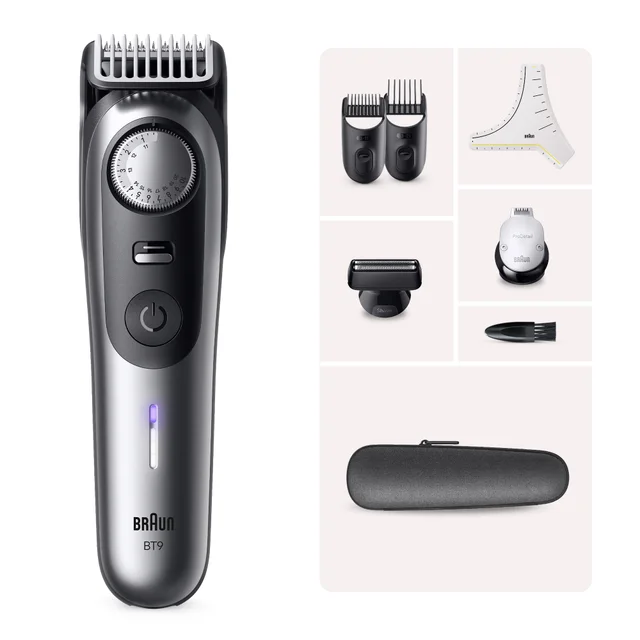 Braun BT9 Trimmer mit Präzisionsrad und vielseitigem Zubehör für Bartstyling.