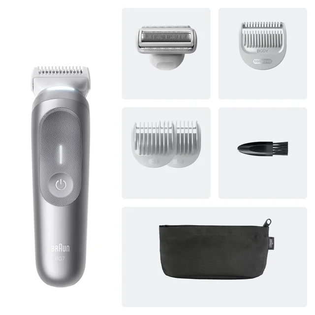 Braun BG7 Bodygroomer mit Rasierkopf, Kammaufsätzen, Reinigungsbürste und Tasche.