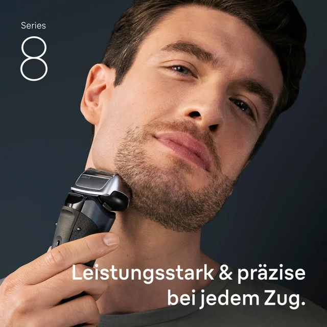 Mann rasiert sich mit Braun Series 8 Rasierer, betont "leistungsstark & präzise bei jedem Zug".