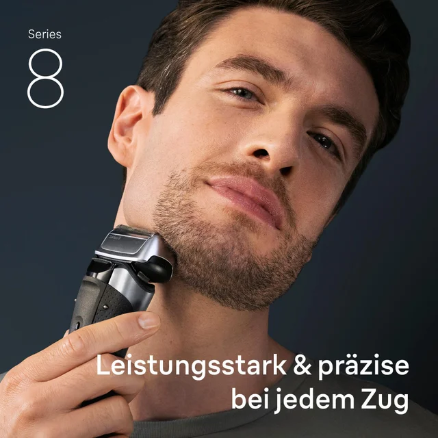 Mann rasiert sich mit Braun Series 8, betont 'Leistungsstark & präzise bei jedem Zug'.