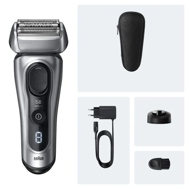 Braun Series 8 Rasierer mit Reiseetui, Ladegerät, Ladestation und Reinigungsbürste.