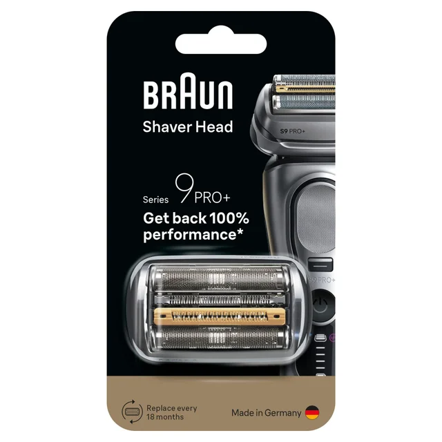Braun Series 9 Pro+ Scherkopf-Verpackung, hebt „100% Leistung zurück“ hervor.
