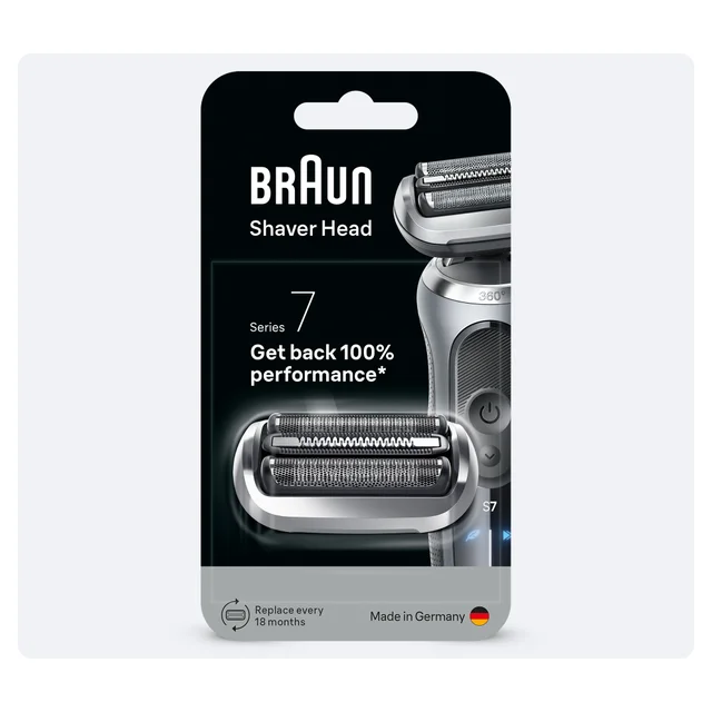 Braun Rasierkopf Serie 7 Verpackung, bewirbt 100% Leistung.