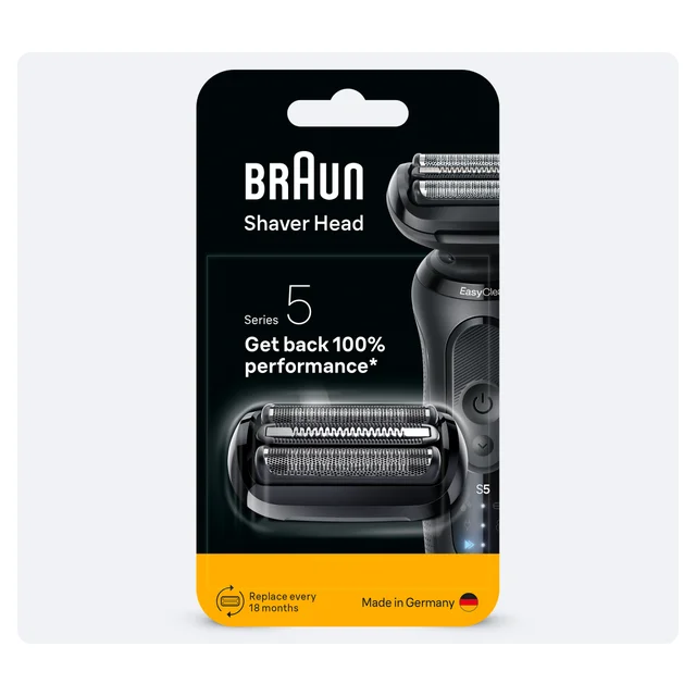 Braun Scherkopf Serie 5 Verpackung mit dem Slogan "100% Leistung zurück".