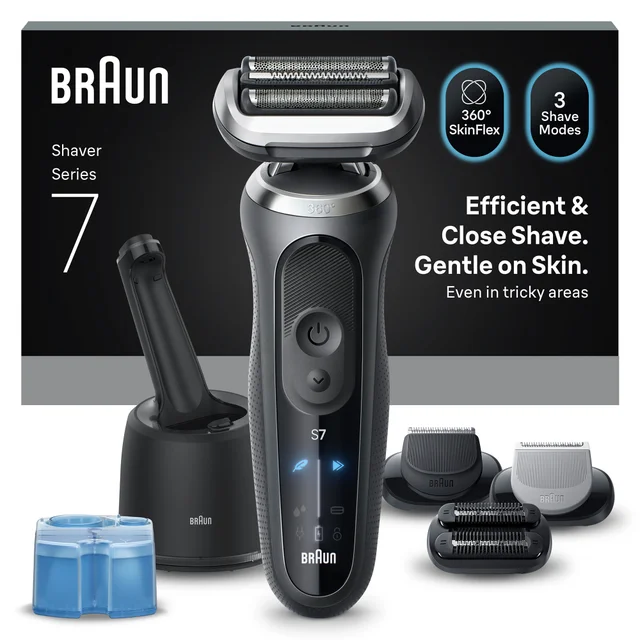Braun Rasierer Serie 7 mit Ladestation, Aufsätzen & 360° SkinFlex Technologie.