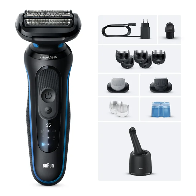 Braun Series 5 EasyClean Rasierer mit Ladestation und vielseitigem Zubehör.