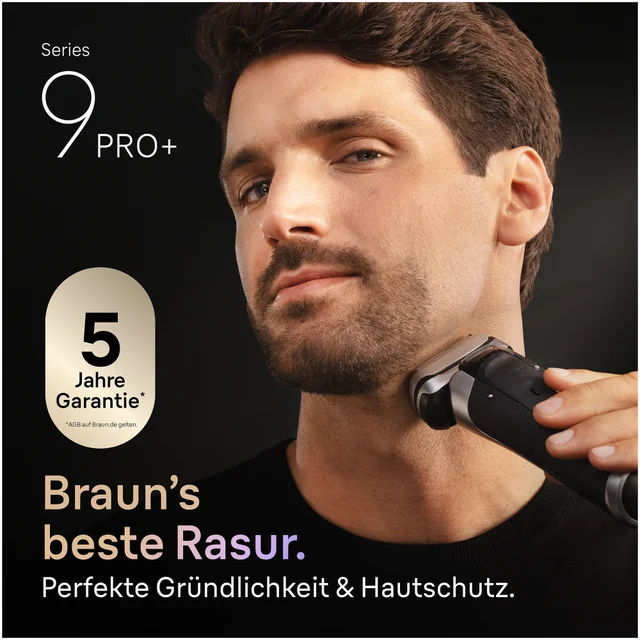 Braun Series 9 PRO+ Rasierer, beworben mit 5 Jahre Garantie und bester Rasur.