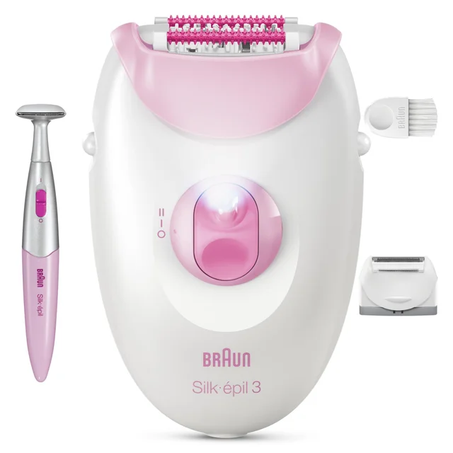 Braun Silk-épil 3 Epilierer mit Präzisionstrimmer, Reinigungsbürste und Rasieraufsatz.