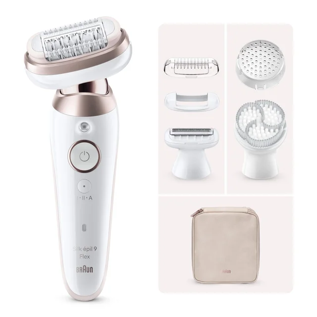 Braun Silk-épil 9 Flex Epilierer mit verschiedenen Aufsätzen und Aufbewahrungstasche.