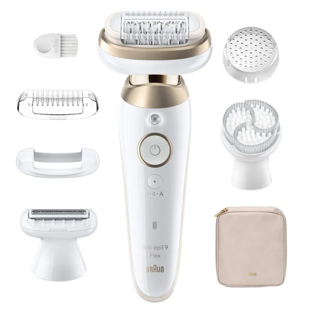 Braun Silk-épil 9 Flex Epilierer mit 6 Aufsätzen und Aufbewahrungstasche.