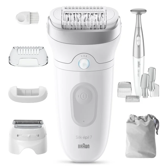 Braun Silk-épil 7 Epilierer Set mit Trimmer, Bürste und Aufsätzen.