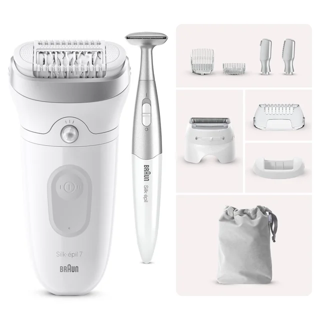 Braun Silk-épil 7 Epilierer mit Rasierer und verschiedenen Aufsätzen.