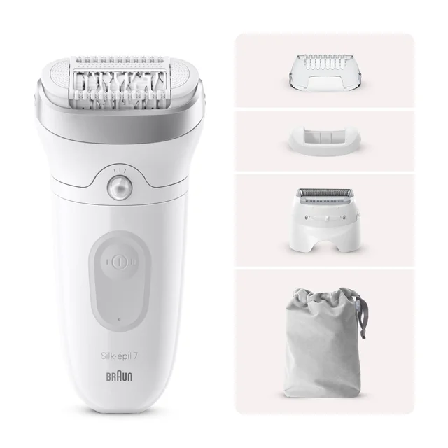 Braun Silk-épil 7 Epilierer mit verschiedenen Aufsätzen und Aufbewahrungsbeutel.