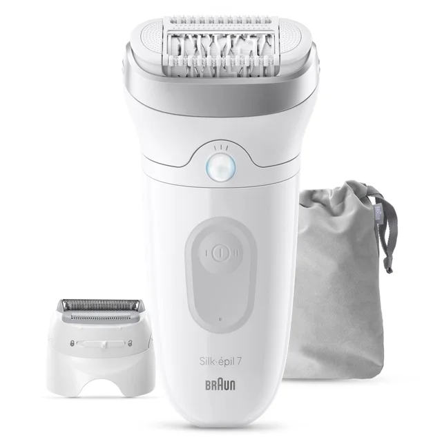 Braun Silk-épil 7 Epilierer mit Scherkopfaufsatz und grauem Aufbewahrungsbeutel.